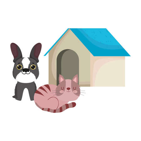 pet shop, dog and sleeping cat with house animal domestic cartoon vector illustrationのイラスト素材