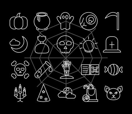 happy halloween, trick or treat party celebration linear icons set dark background vector illustrationのイラスト素材