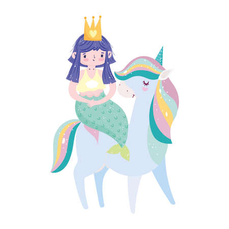 unicorn carrying mermaid rainbow hair fantasy dream cartoon vector illustrationのイラスト素材