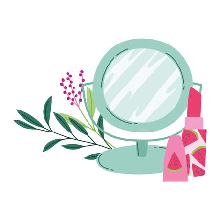 makeup cosmetics product fashion beauty mirror and lipstick cartoon vector illustrationのイラスト素材