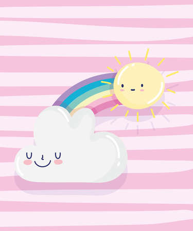 rainbow sun cloud cartoon decoration pink stripes background vector illustrationのイラスト素材