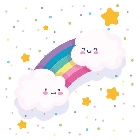 rainbow clouds stars dotted white background cartoon decoration vector illustrationのイラスト素材
