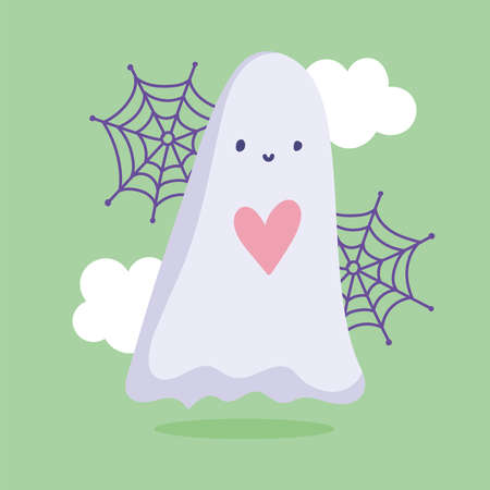 happy halloween, cute ghost heart clouds and web trick or treat party celebration vector illustrationのイラスト素材