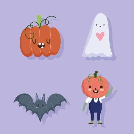 happy halloween, ghost pumpkin bat and costume trick or treat party celebration vector illustrationのイラスト素材
