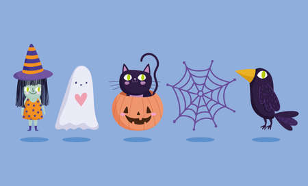 happy halloween, witch ghost pumpkin cat raven cobweb trick or treat party celebration vector illustrationのイラスト素材