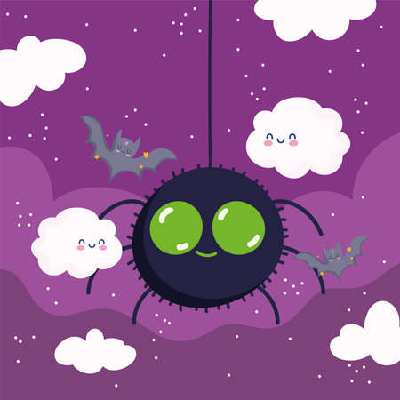 happy halloween, cartoon spider clouds and bats trick or treat party celebration vector illustrationのイラスト素材