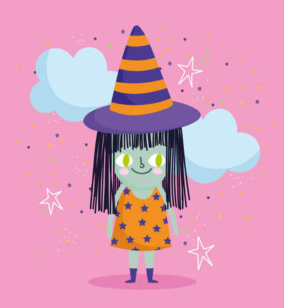 happy halloween, witch costume clouds and cobweb trick or treat party celebration vector illustrationのイラスト素材