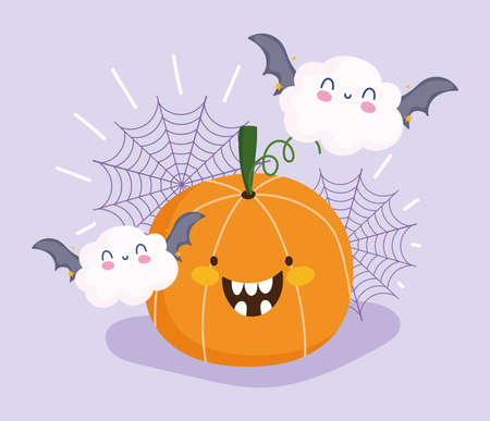 happy halloween, cute pumpkin clouds bats cobweb trick or treat party celebration vector illustrationのイラスト素材