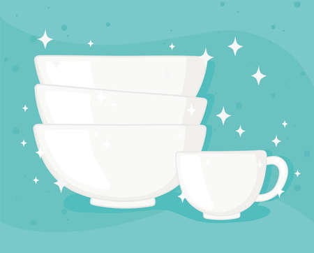 plastic or glass cups bottles mockups, porcelain bowls and cup vector illustrationのイラスト素材