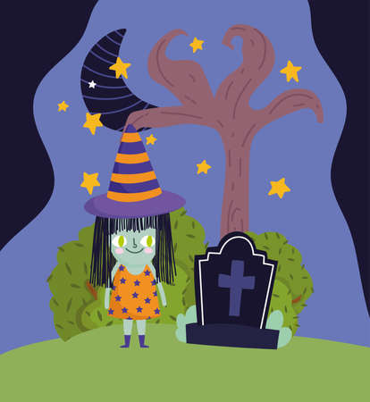 happy halloween, girl with witch costume tombstone night sky trick or treat party celebration vector illustrationのイラスト素材