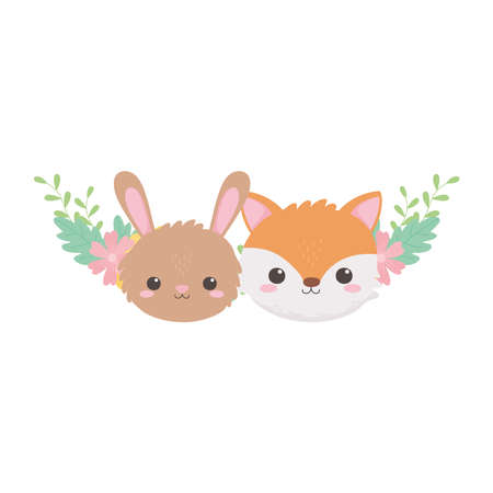 cute rabbit fox faces hearts leaves cartoon animals isolated white background design vector illustrationのイラスト素材