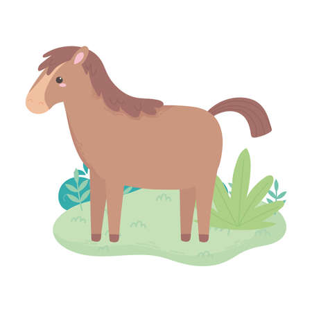 cartoon horse animal standing grass bush vegetation isolated white background design vector illustrationのイラスト素材