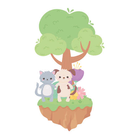 cute cat dog flowers tree grass cartoon animals in a natural landscape vector illustrationのイラスト素材
