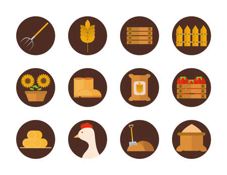 agriculture work equipment farm cartoon block and flat icons set vector illustrationのイラスト素材
