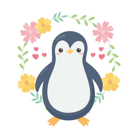 cute little penguin flowers hearts cartoon animal vector illustrationのイラスト素材