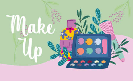 makeup cosmetics product fashion beauty eyeshadow palette brush and hand cream vector illustrationのイラスト素材