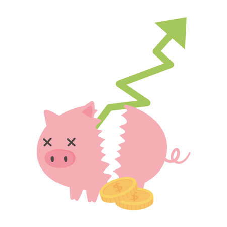 bankruptcy up arrow broken piggy bank coins money business financial crisis vector illustrationのイラスト素材