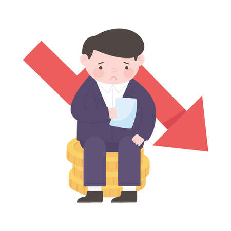 bankruptcy businessman on coins money falling arrow business process financial crisis vector illustrationのイラスト素材