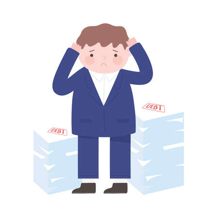bankruptcy worried businessman with stack of debt papers business financial crisis vector illustrationのイラスト素材