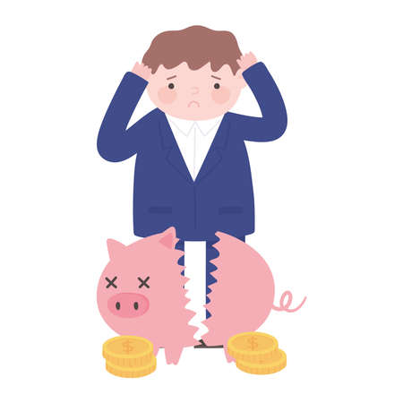bankruptcy troubled businessman broken piggy bank money business process financial crisis vector illustrationのイラスト素材