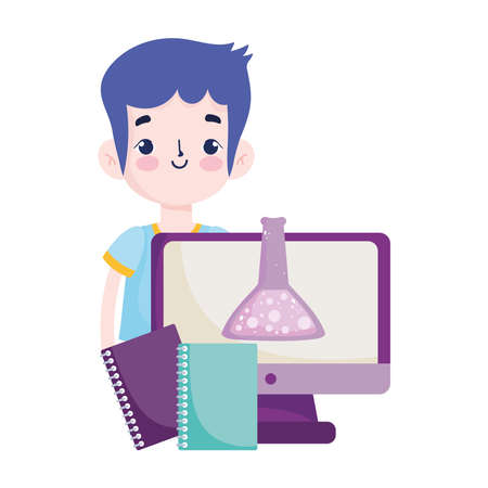 back to school, student boy textbooks computer chemistry test tube elementary education cartoon vector illustrationのイラスト素材