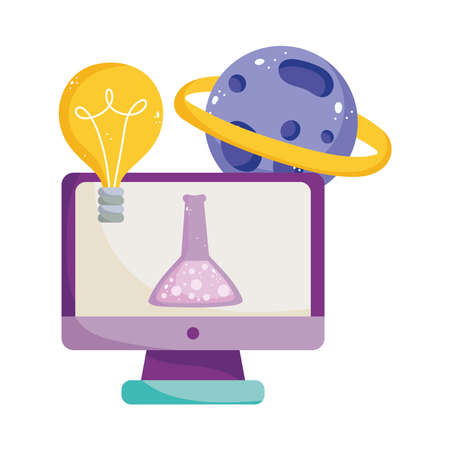 back to school, computer chemistry flask planet science elementary education cartoon vector illustrationのイラスト素材