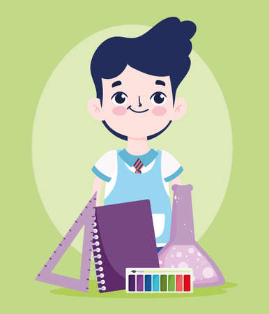 back to school, student boy book chemistry flask ruler palette color elementary education cartoon vector illustrationのイラスト素材