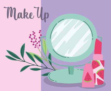 makeup cosmetics product fashion beauty mirror and lipstick cartoon vector illustrationのイラスト素材