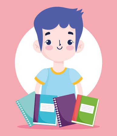 back to school, student boy books and notebooks elementary education cartoon vector illustrationのイラスト素材