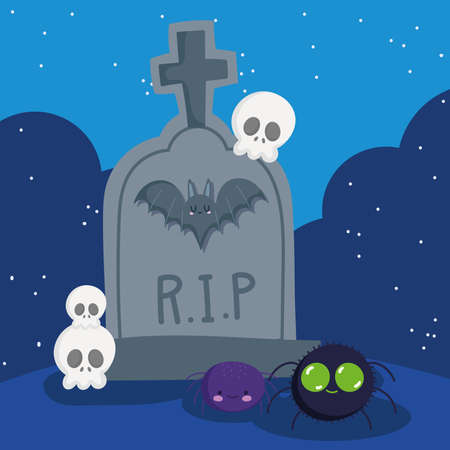 happy halloween, gravestone spiders skulls night trick or treat party celebration vector illustrationのイラスト素材