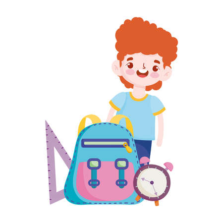 back to school, student boy backpack clock ruler elementary education cartoon vector illustrationのイラスト素材