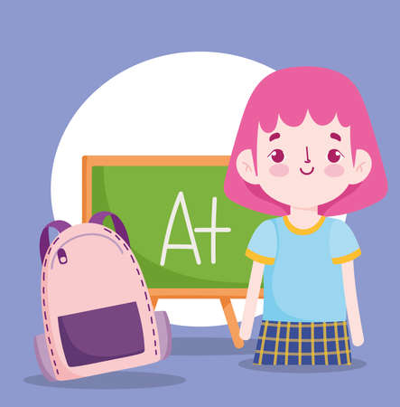 back to school, student girl backpack and chalkboard elementary education cartoon vector illustrationのイラスト素材