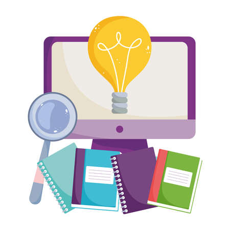 back to school, class computer online books elementary education cartoon vector illustrationのイラスト素材