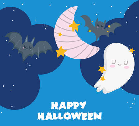 happy halloween, cute ghost bats moon sky stars night trick or treat party celebration vector illustrationのイラスト素材