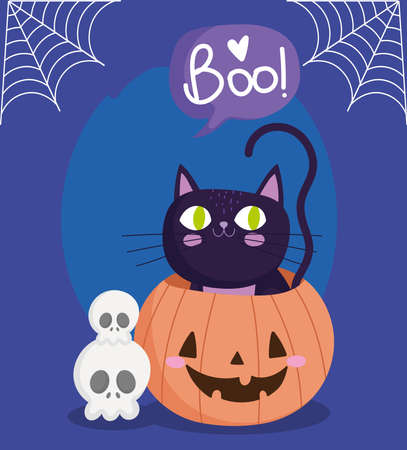 happy halloween, cat in pumpkin skulls cobweb trick or treat party celebration vector illustrationのイラスト素材