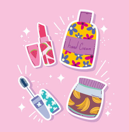 makeup cosmetics fashion beauty hand cream lipstick mascara and skin care product vector illustrationのイラスト素材