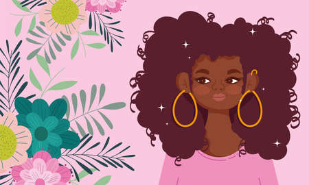 afro american woman cartoon flowers foliage nature portrait vector illustration