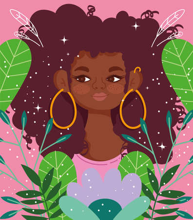 afro american woman with earrings cartoon flowers foliage portrait vector illustrationのイラスト素材