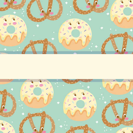 cute food pattern design, bakery pretzel and donuts sweet cartoon vector illustrationのイラスト素材