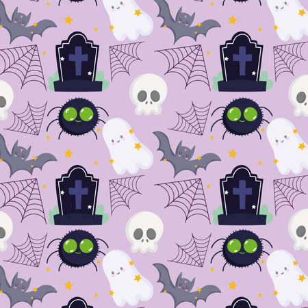 happy halloween, ghost bats spider skull gravestone trick or treat party celebration background vector illustrationのイラスト素材