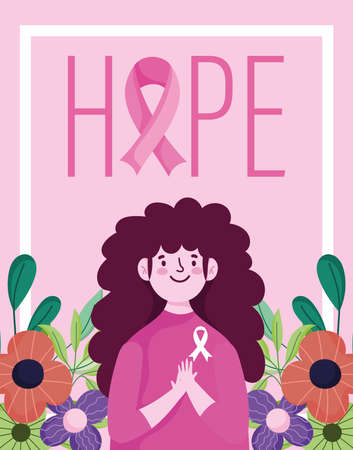 breast cancer awareness month woman hope lettering flowers and ribbon vector design and illustrationのイラスト素材