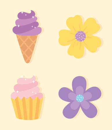 decorative flowers ice cream cupcake sweet cartoon icons vector illustrationのイラスト素材