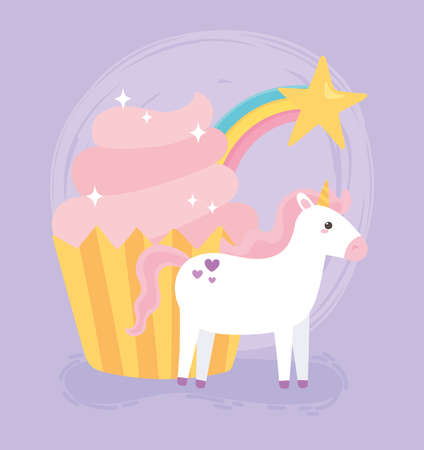cute magical unicorn pink cupcake rainbow star animal cartoon vector illustrationのイラスト素材