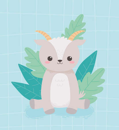little goat sitting foliage leaves cartoon animal vector illustrationのイラスト素材