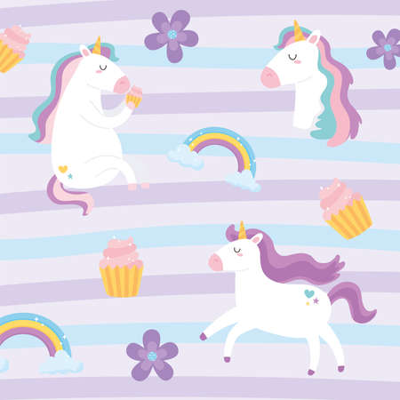 cute magical unicorns fantansy dream rainbow flowers cupcake animal cartoon background vector illustrationのイラスト素材