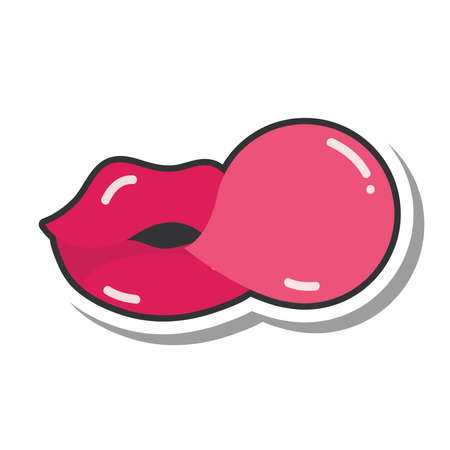 pop art mouth and lips, female lips with gum bubble, line and fill icon vector illustrationのイラスト素材