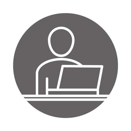 businessman with laptop computer device, business work office, block and line icon vector illustrationのイラスト素材