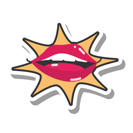 pop art mouth and lips, comic women sexy mouth, line and fill icon vector illustrationのイラスト素材