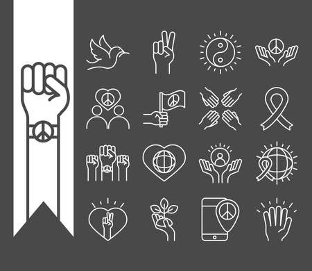 human rights day, line icons set design, included raised hand dove peace ribbon heart vector illustrationのイラスト素材