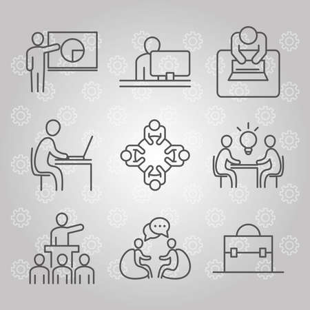 coworking office business workspace presentation laptop meeting, line icons design vector illustrationのイラスト素材
